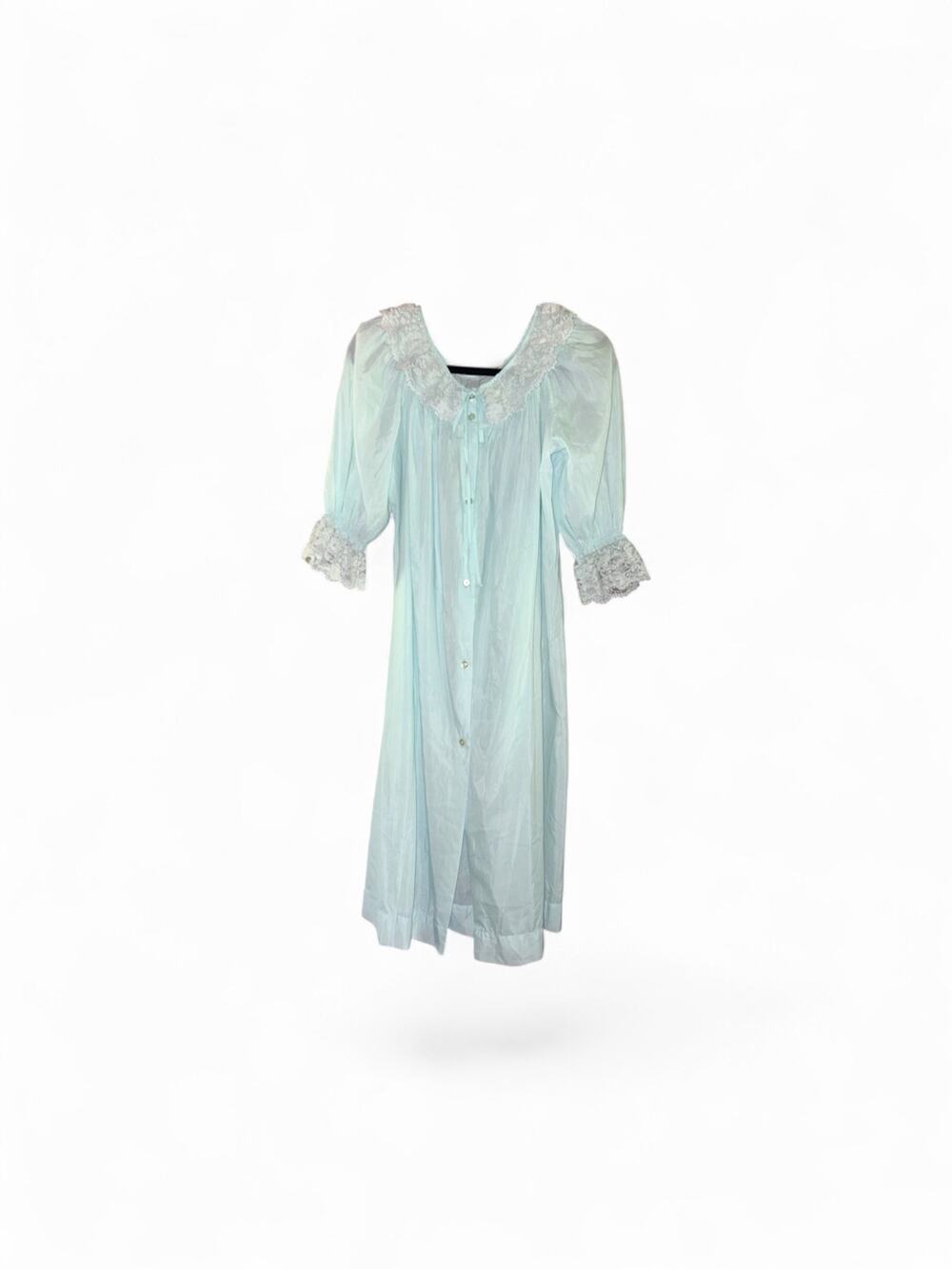 VTG Blue Button Down Nightgown with Lace Ruffle Accents